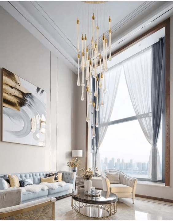 Lustre 13 suspensions goutte d'eau double hauteur en verre cristallin - Light Deco