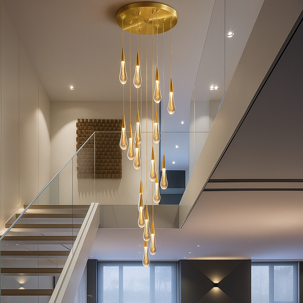 Lustre double hauteur goutte en verre cage d'escalier - Light Deco