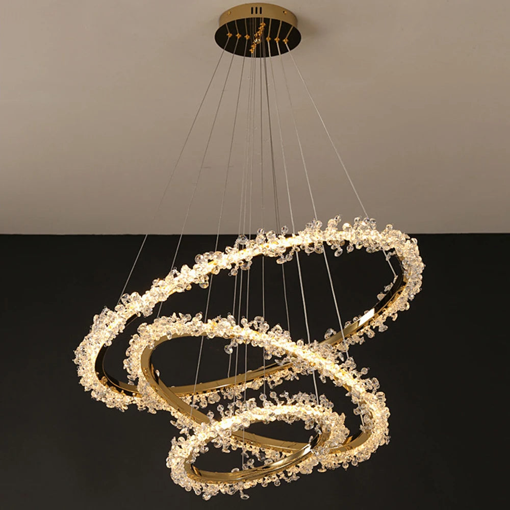 Lustre Luxia 3 cercles 80cm en doré à petit cristaux - Light Deco