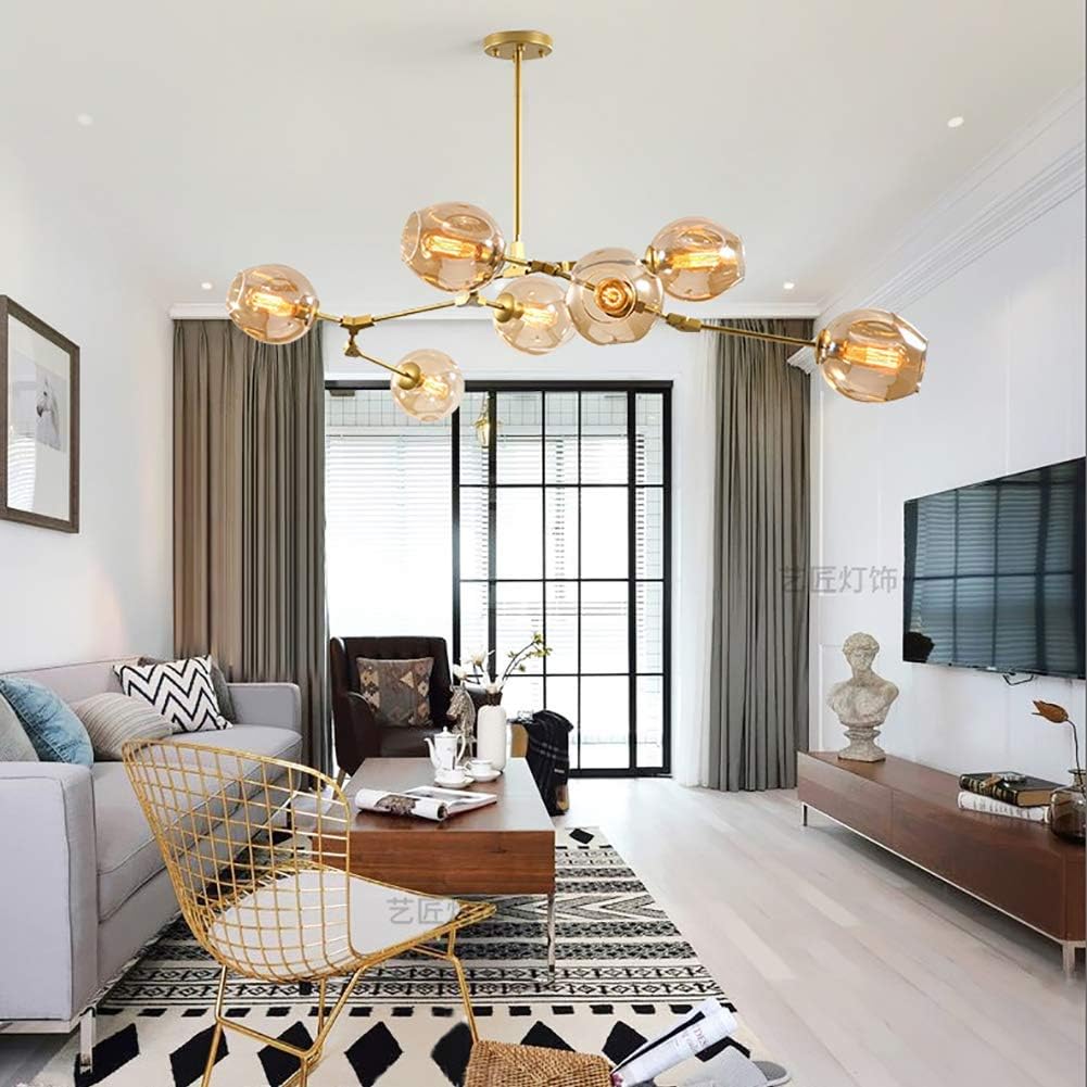Lustre Sky ajustable en doré à 6 globes en verre