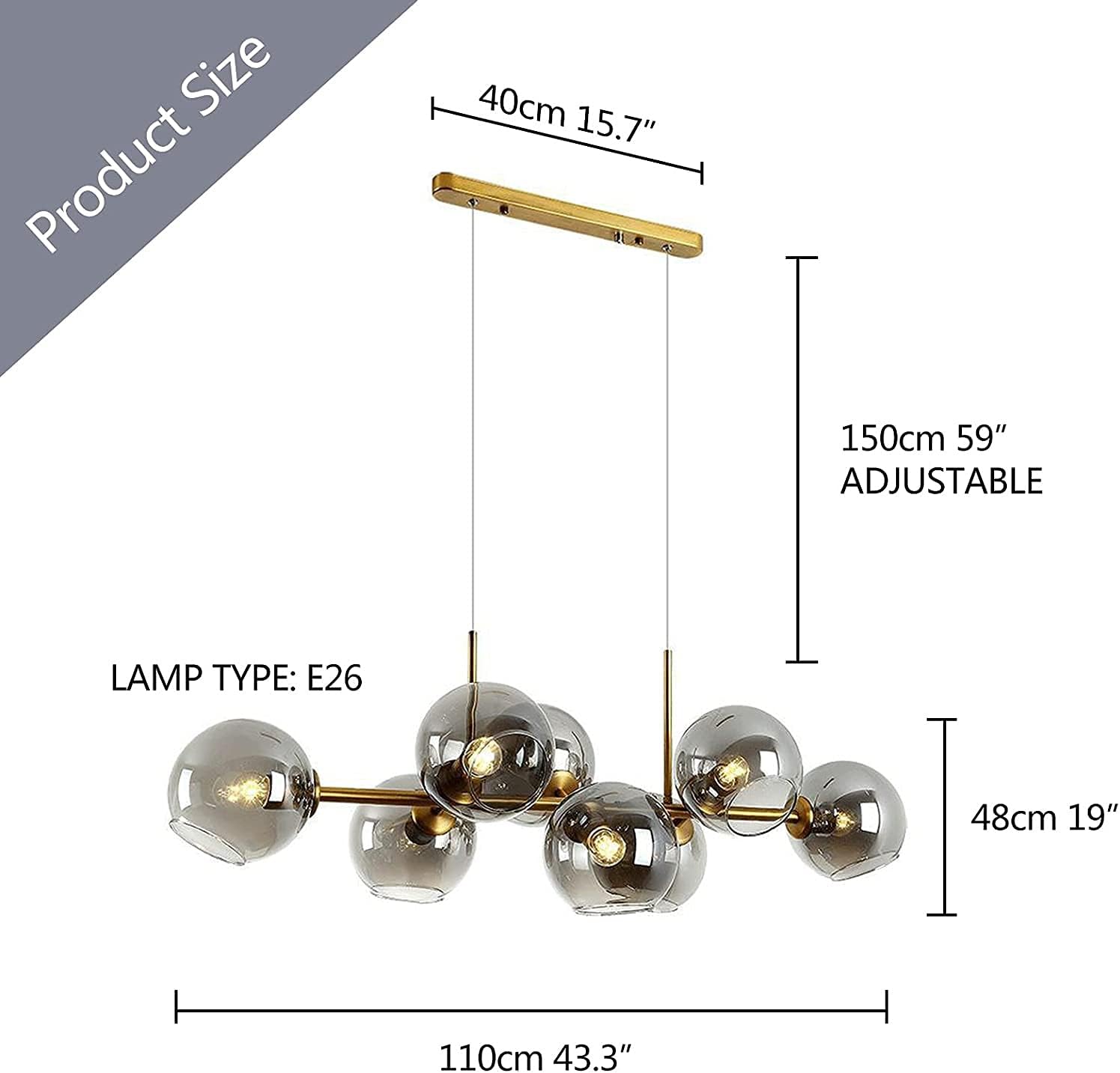 Lustre 8 boules en verre fumé moderne pour salle à manger