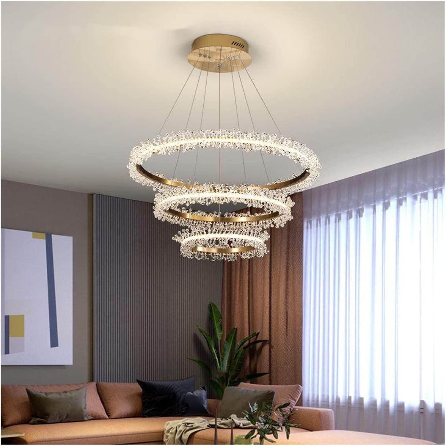 Lustre Luxia 3 cercles 80cm en doré à petit cristaux - Light Deco