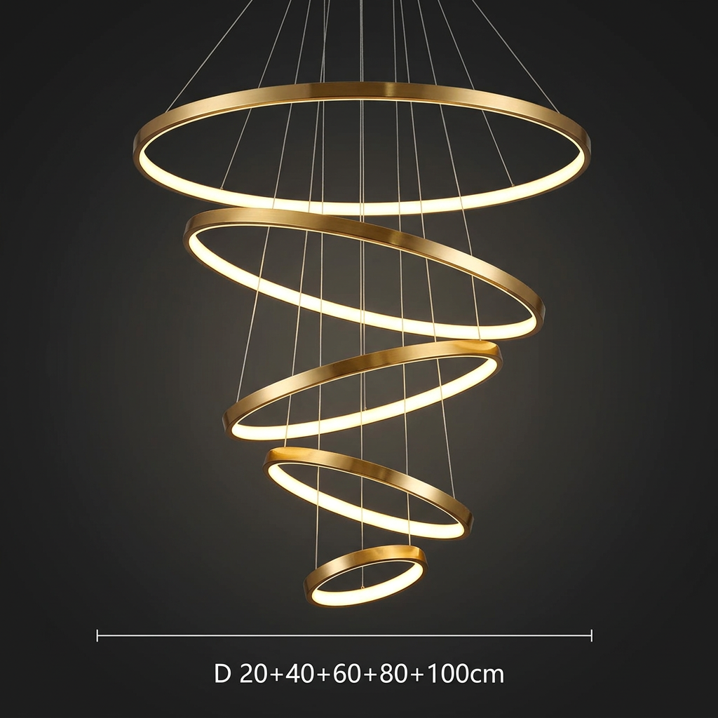 Grand Lustre de luxe double hauteur à 5 cercles en cascade - Light Deco