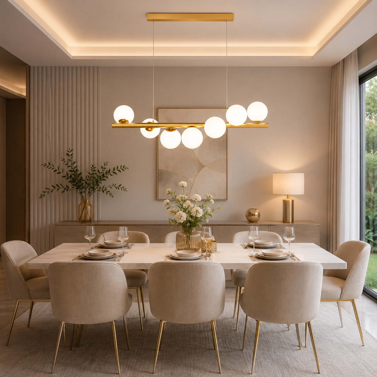 Lustre à boules en verre opalin pour salle à manger