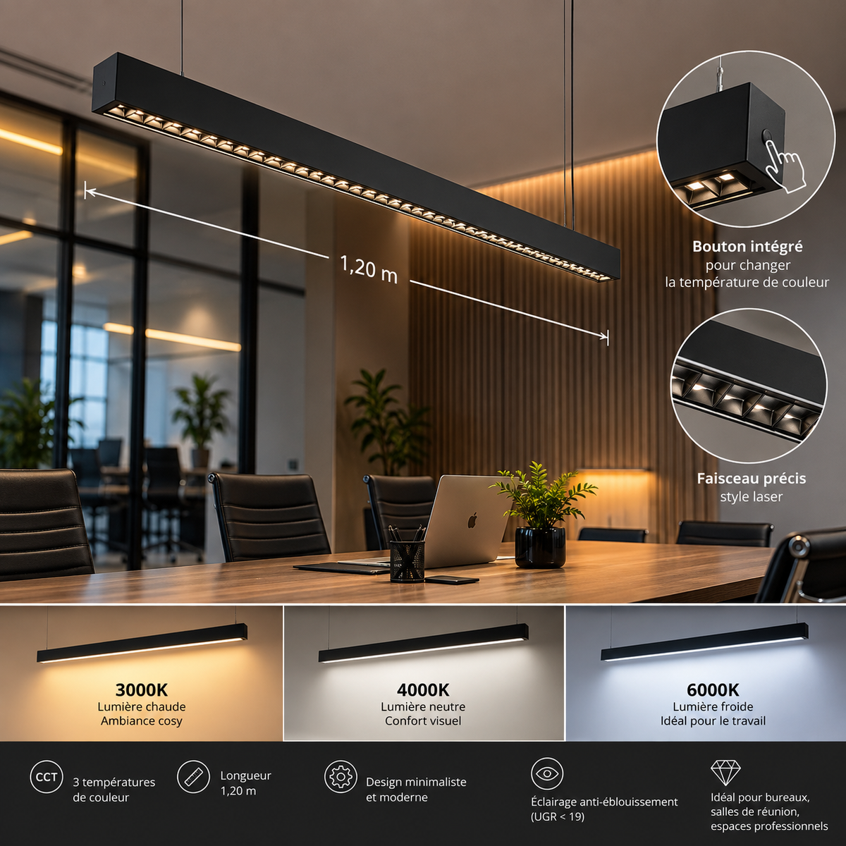 Suspension laser style réglette industrielle noire