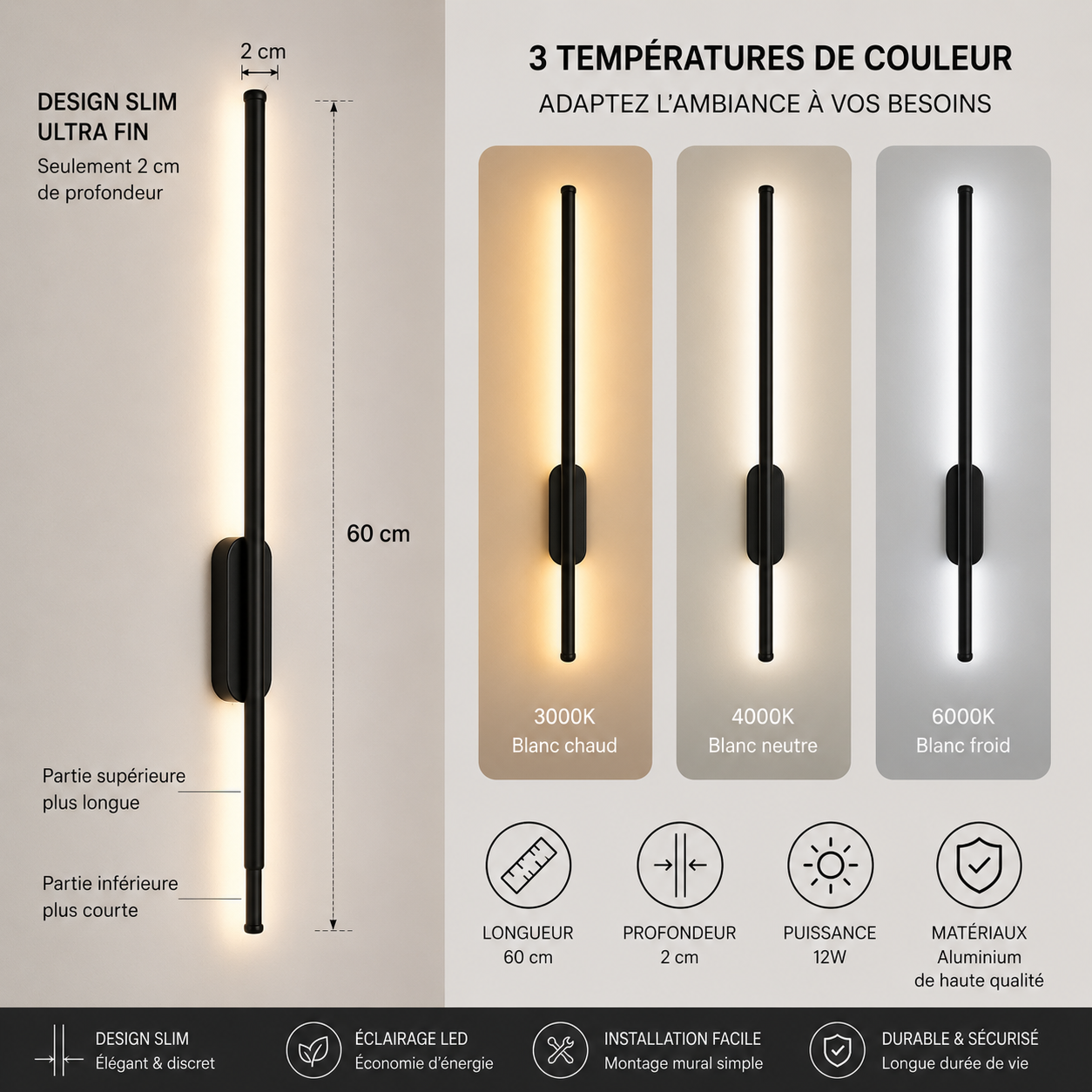 Applique murale slim noire à Led