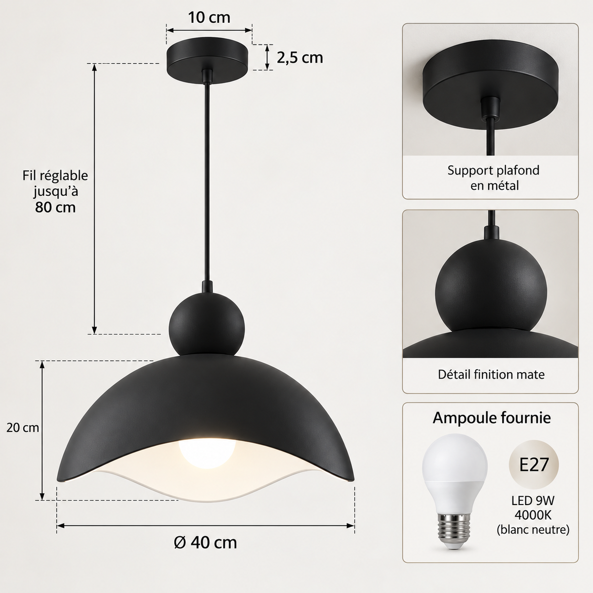Suspension noire au design minimaliste