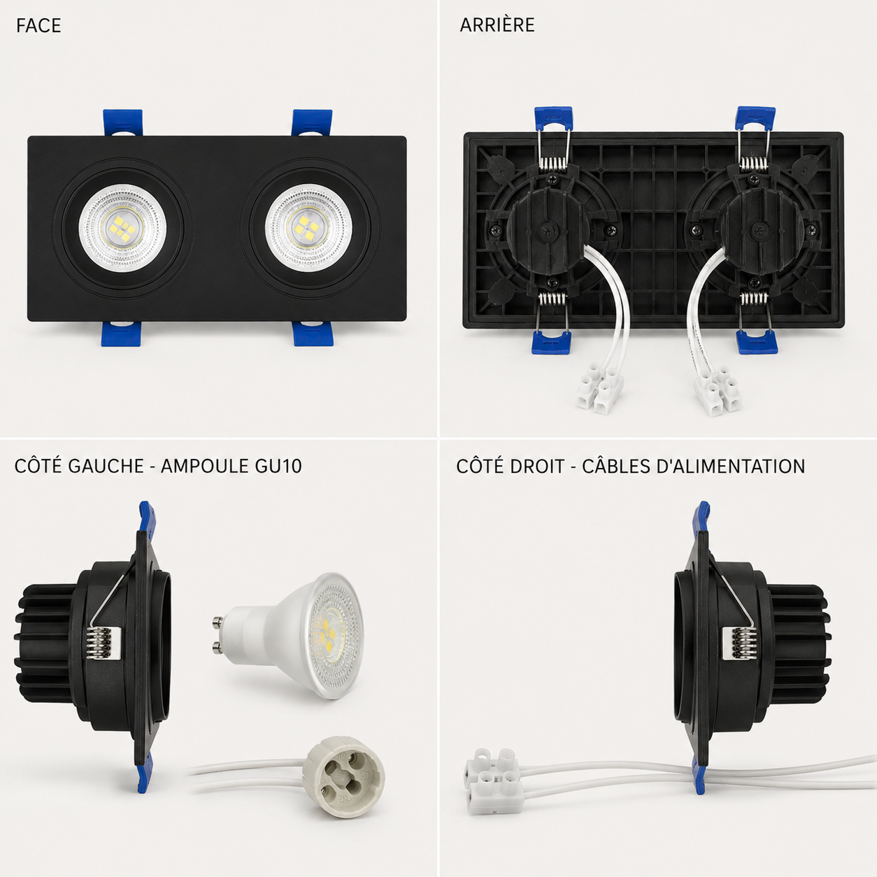 Spot carré double encastrable pvc noir GU10