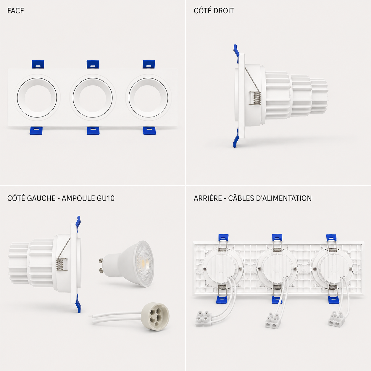 Spot carré triple encastrable pvc blanc GU10