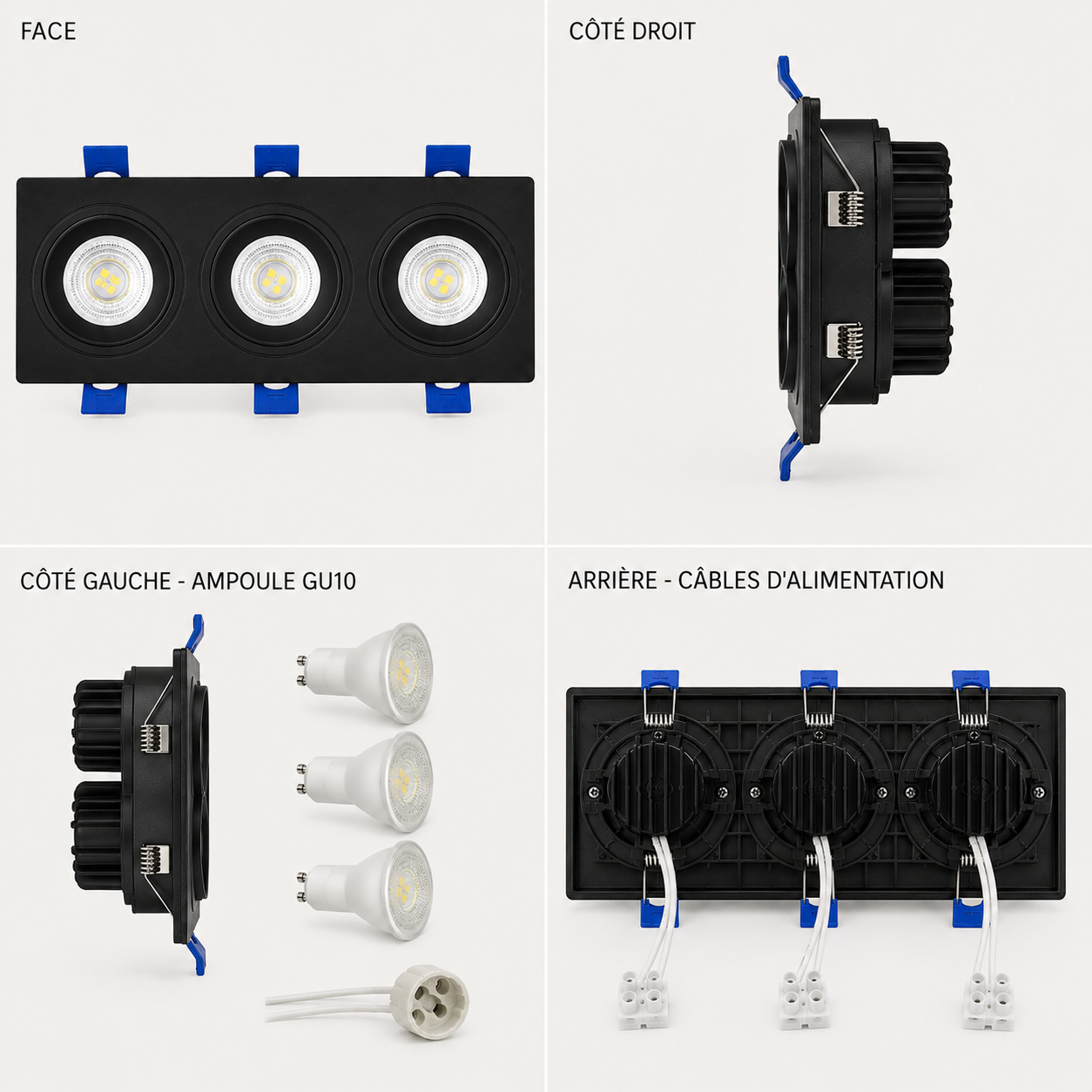 Spot carré triple encastrable pvc noir GU10