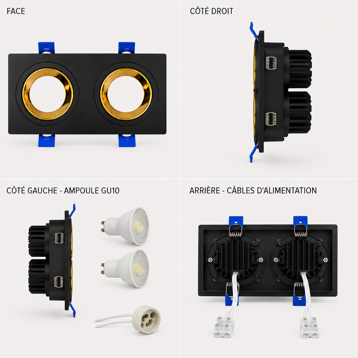 Spot carré double encastrable pvc noir intérieur doré GU10