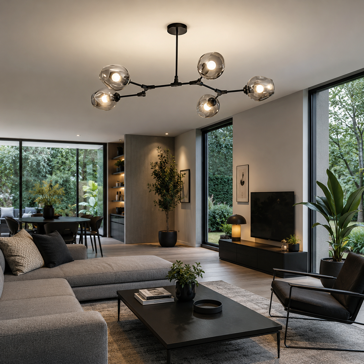 Lustre Sky ajustable en noir à 5 globes verre fumé
