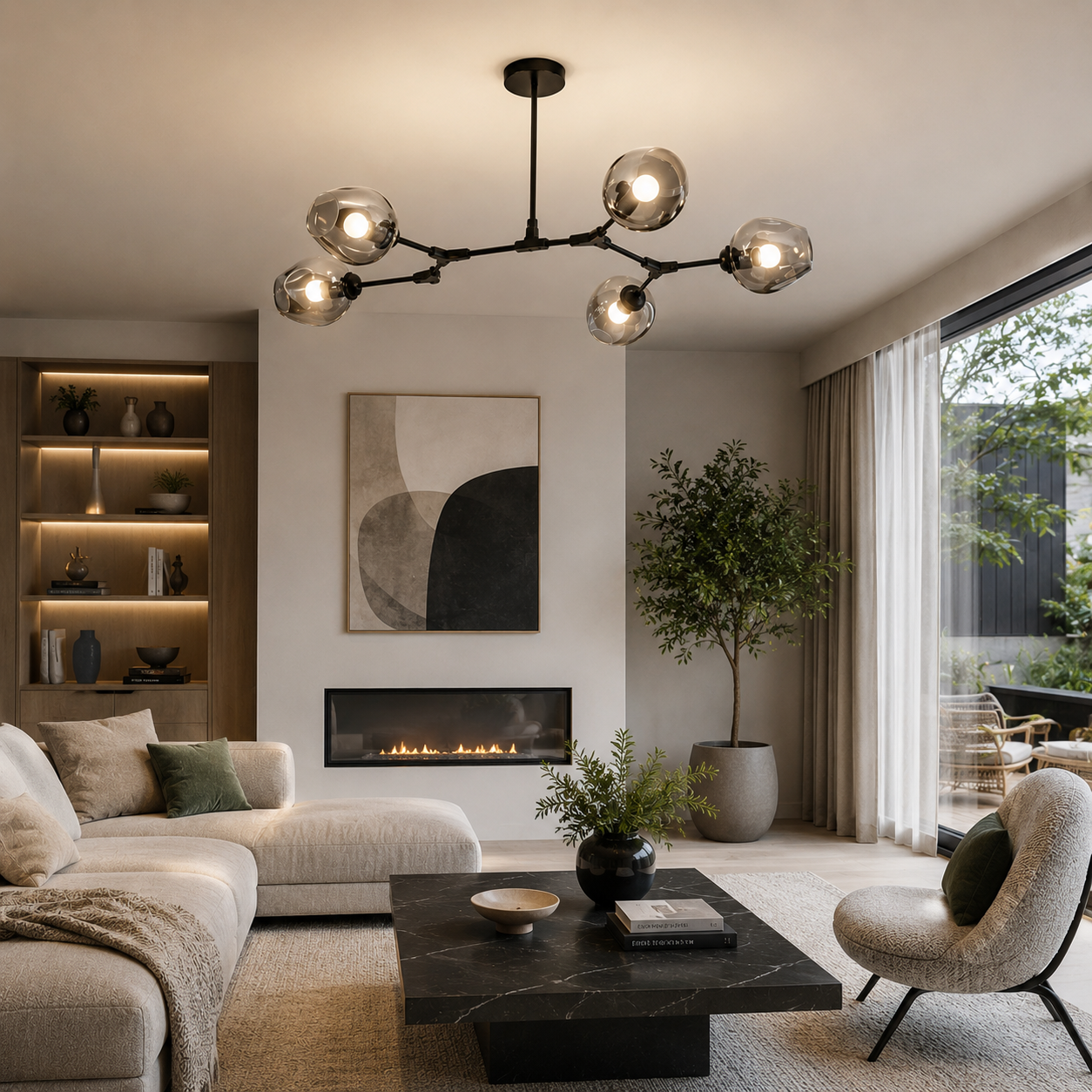 Lustre Sky ajustable en noir à 5 globes verre fumé