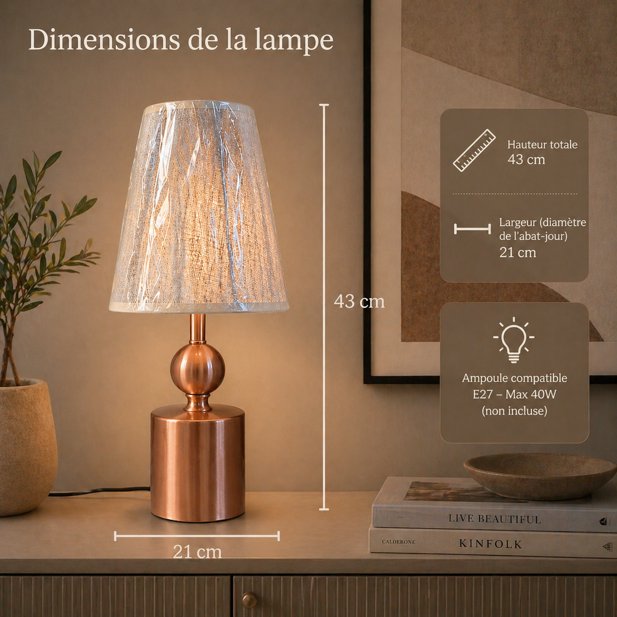 Abat-jour de chevet Rose gold à chapeau en raphia
