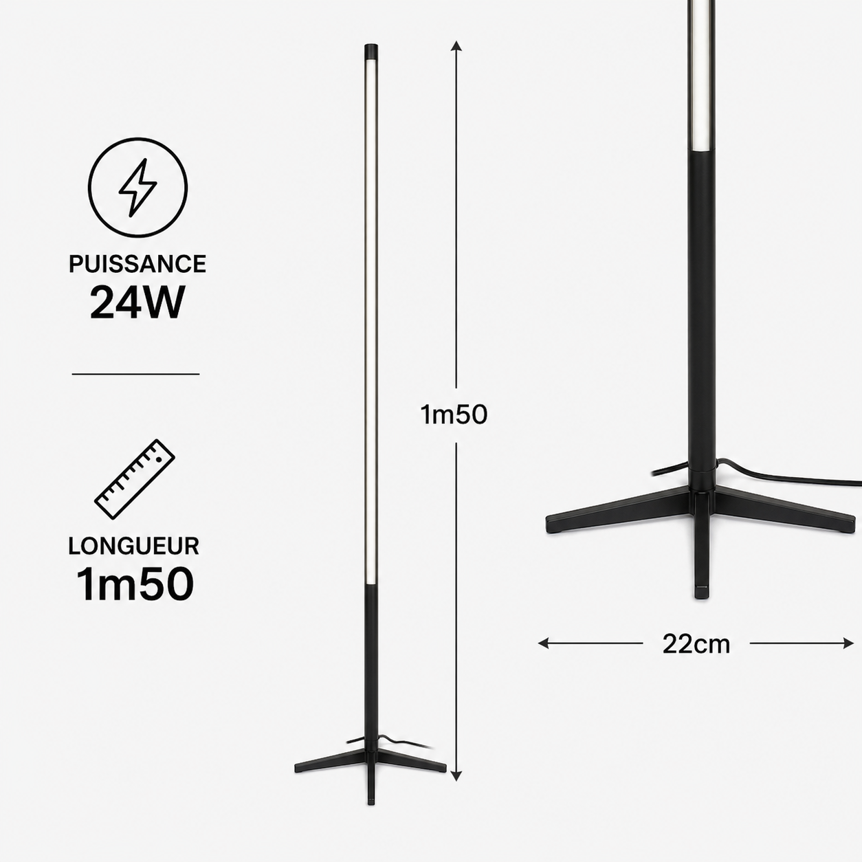Lampadaire linéaire minimaliste en noir à led