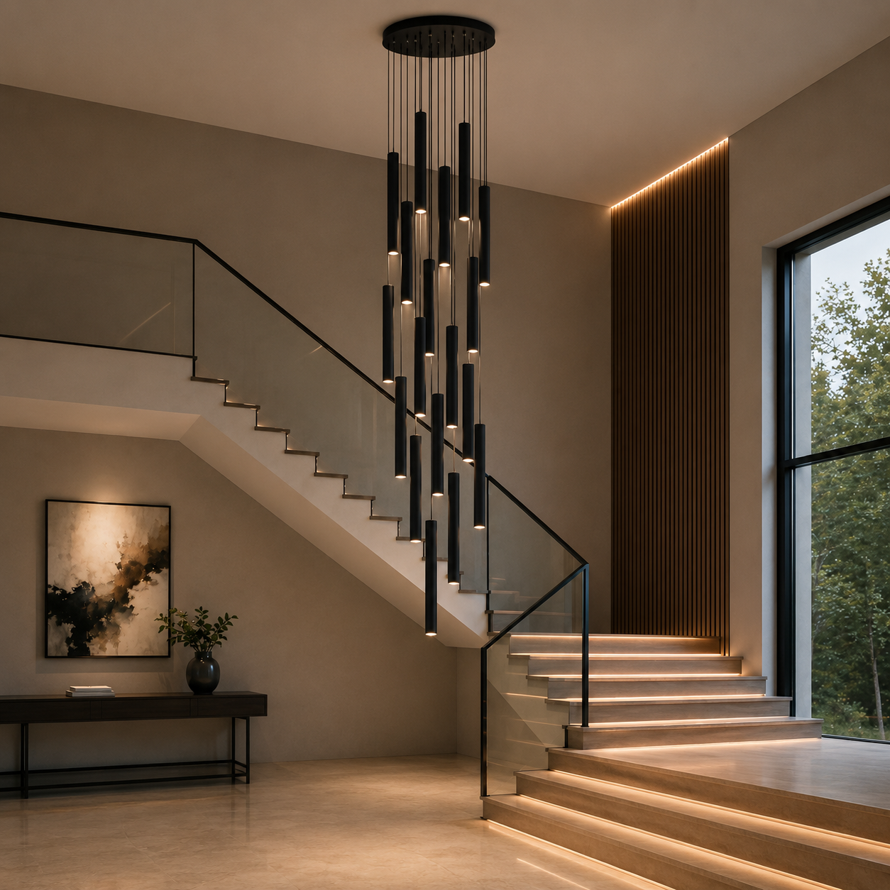 Grand Lustre double hauteur noires tubulaires