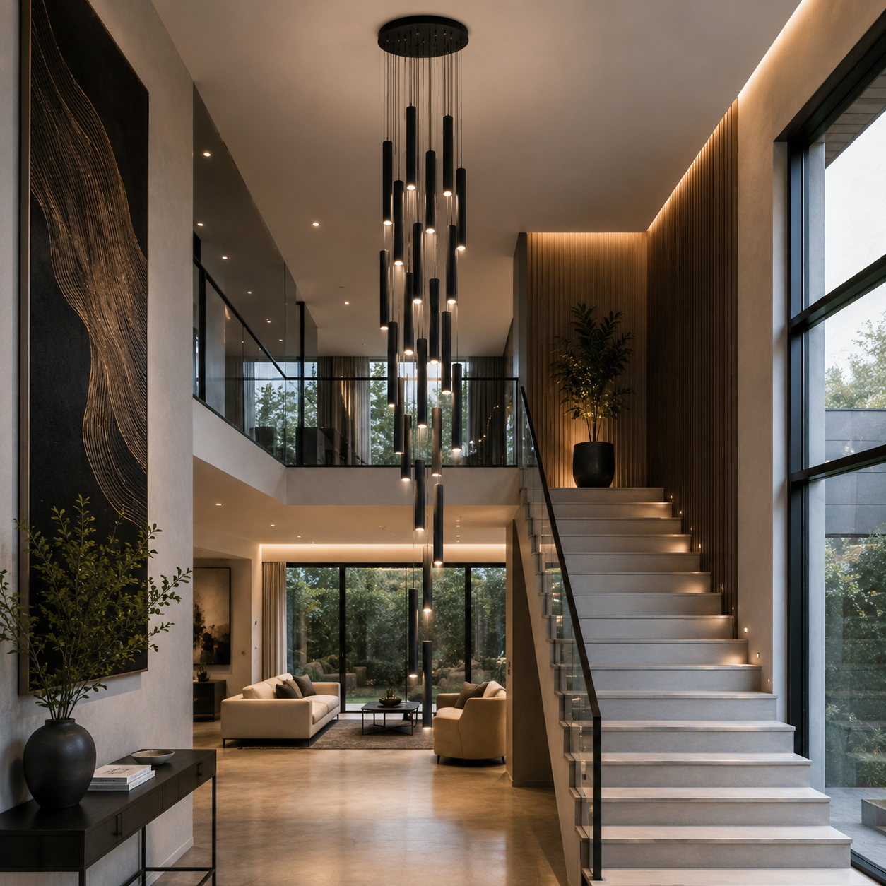 Grand Lustre double hauteur noires tubulaires