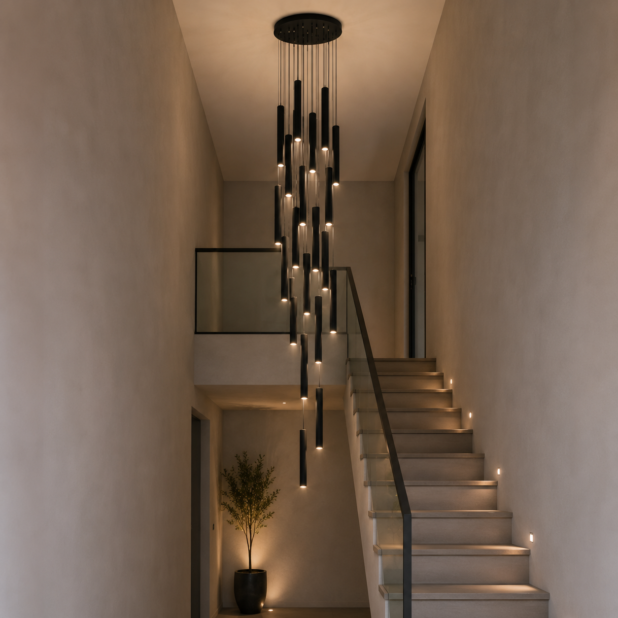 Grand Lustre double hauteur noires tubulaires