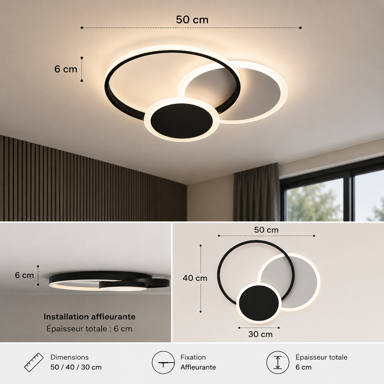 Plafonnier Ringy minimaliste en Acrylique noir et blanc