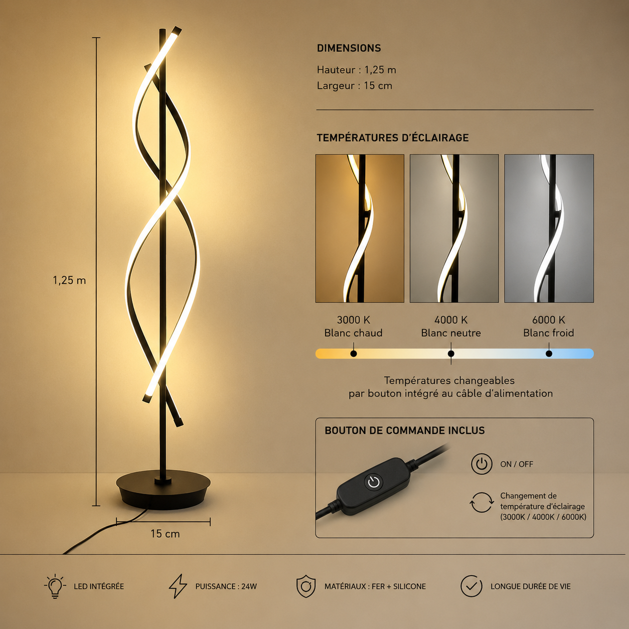 Lampadaire Infinix moderne en noir à led