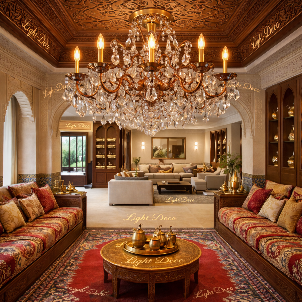 Lustre Monarque en Cuivre et verre cristallin traditionnel pour salon marocain