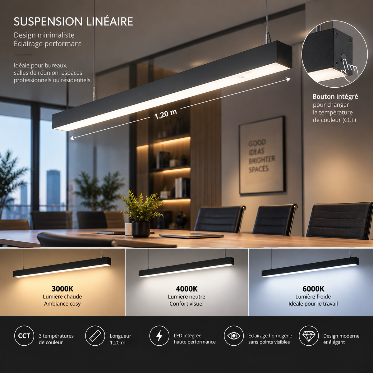 Suspension linéaire style réglette industrielle noire