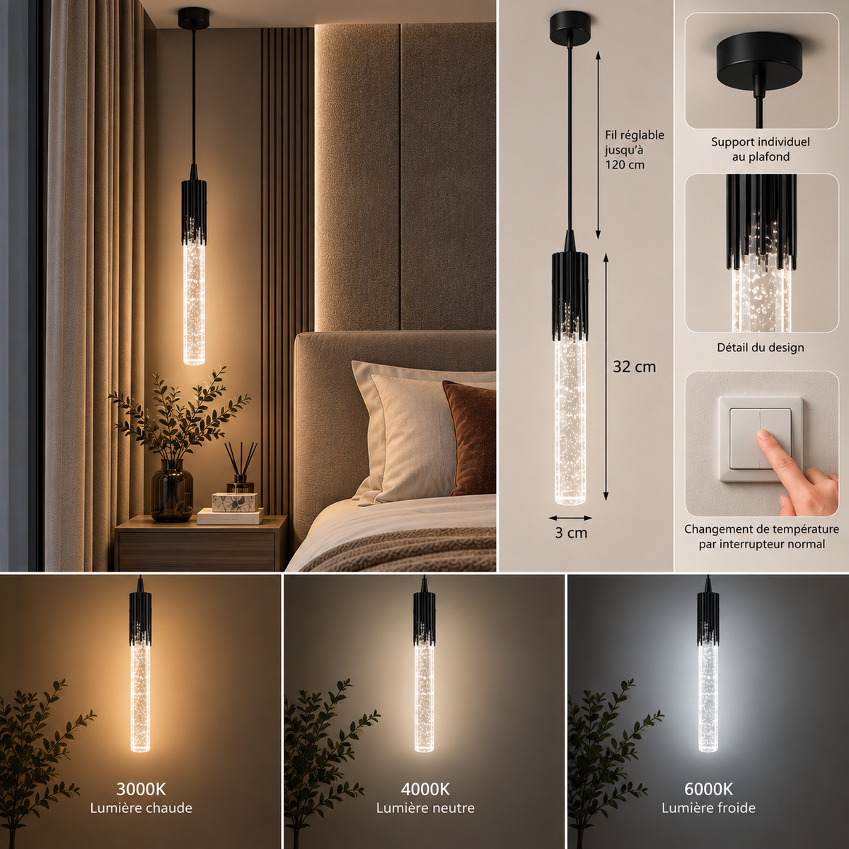Suspension noire en verre effet bulles