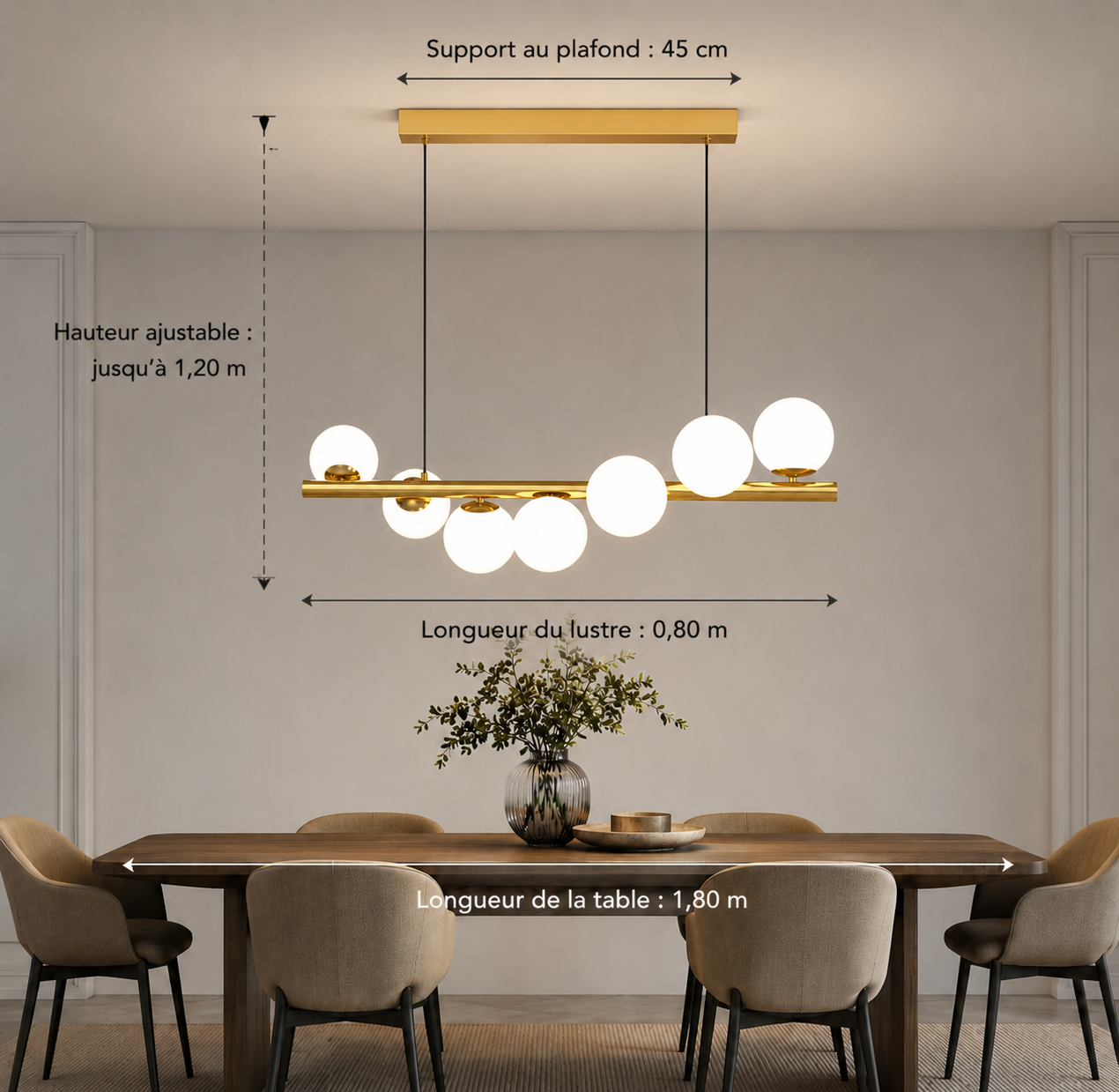 Lustre à boules en verre opalin pour salle à manger