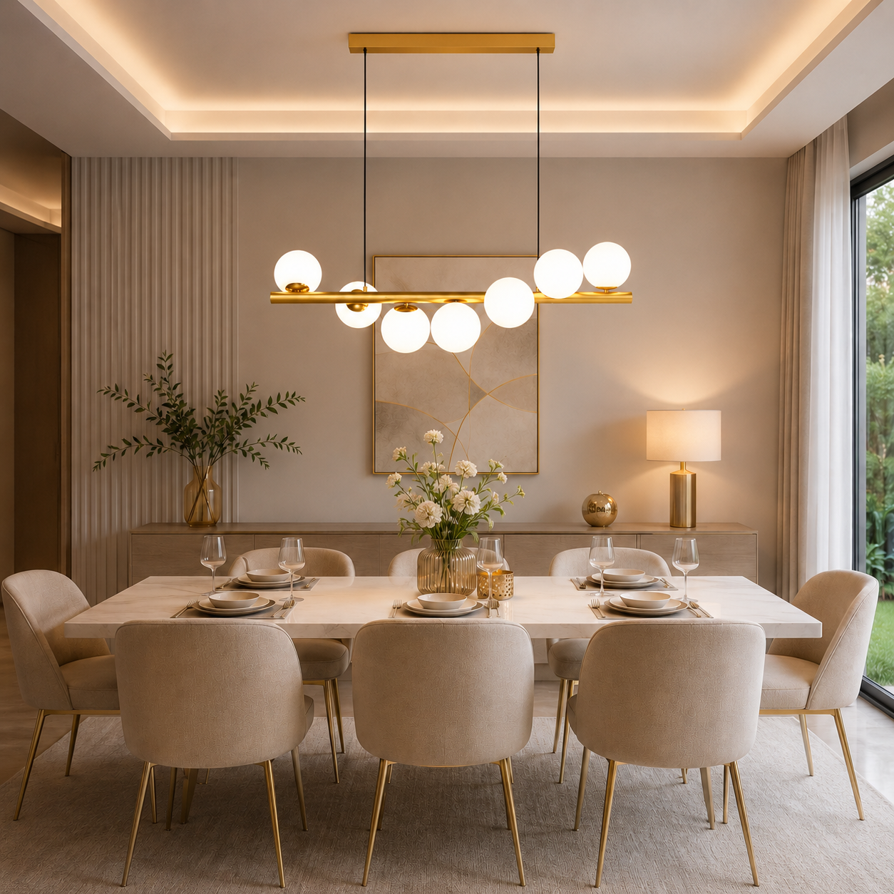 Lustre à boules en verre opalin pour salle à manger
