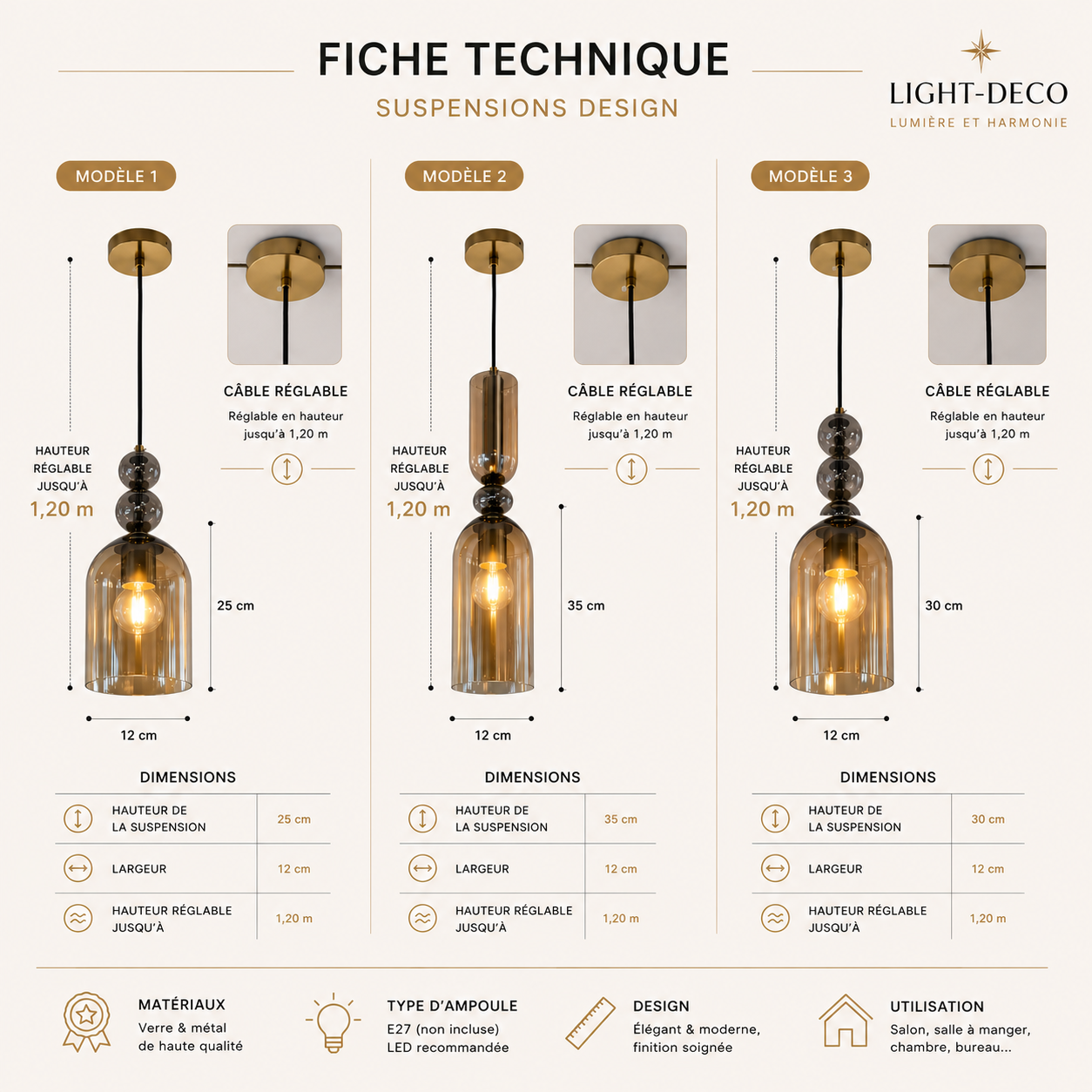 Pack de 3 suspensions design en verre champagne