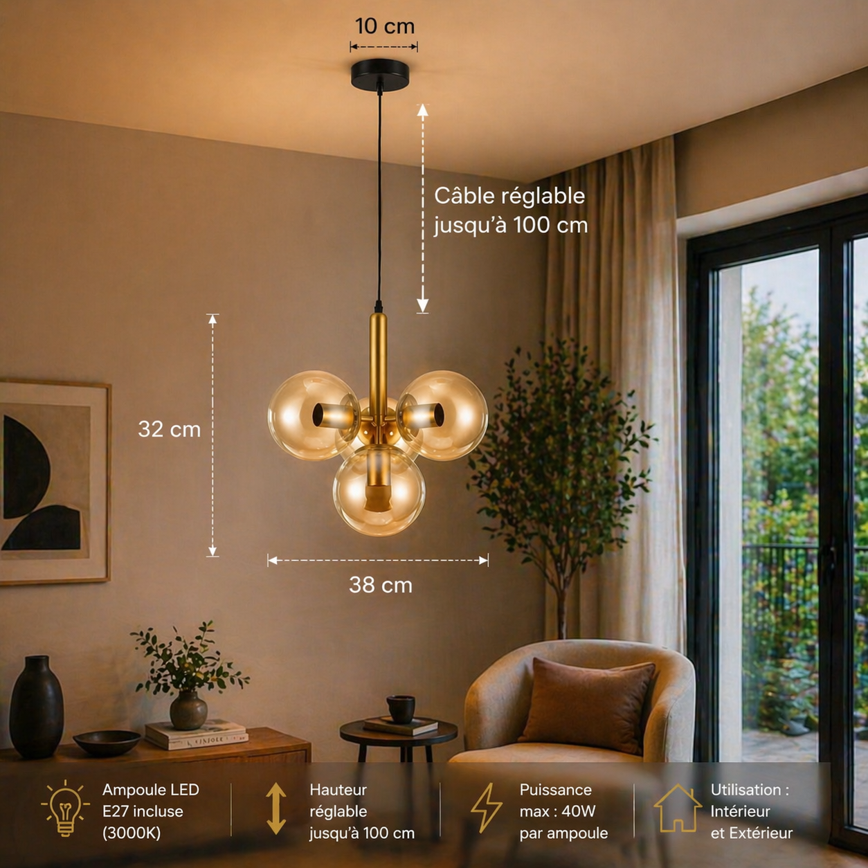 Suspension en laiton à 4 boules champagnes