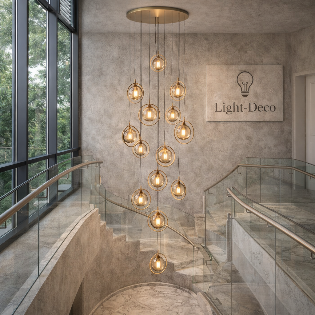 Grand Lustre 13 Boules Céleste double hauteur