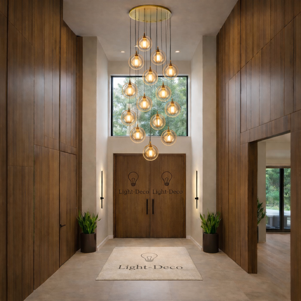 Grand Lustre 13 Boules Céleste double hauteur