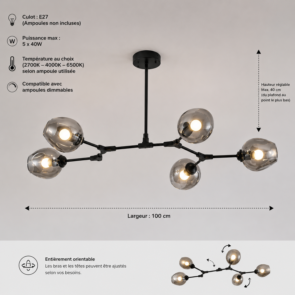Lustre Sky ajustable en noir à 5 globes verre fumé