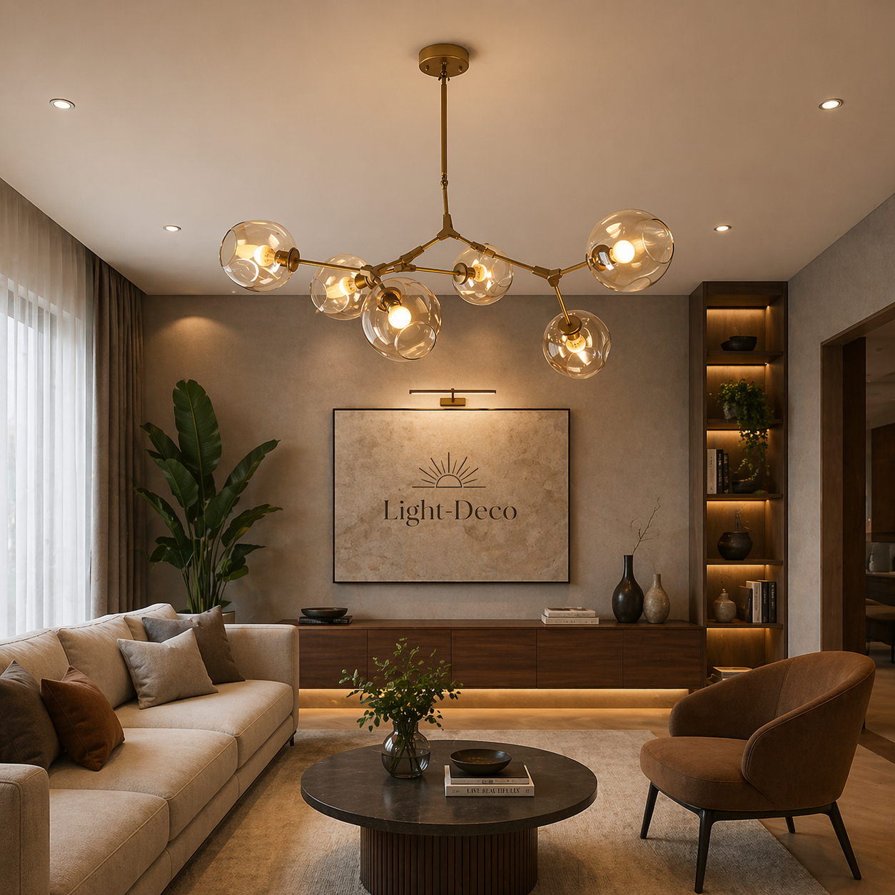 Lustre Sky ajustable en doré à 6 globes en verre