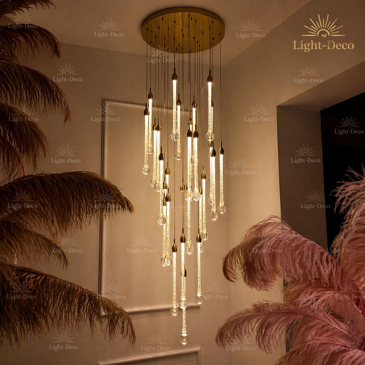 Lustre 19 suspensions goutte d'eau double hauteur en verre cristallin