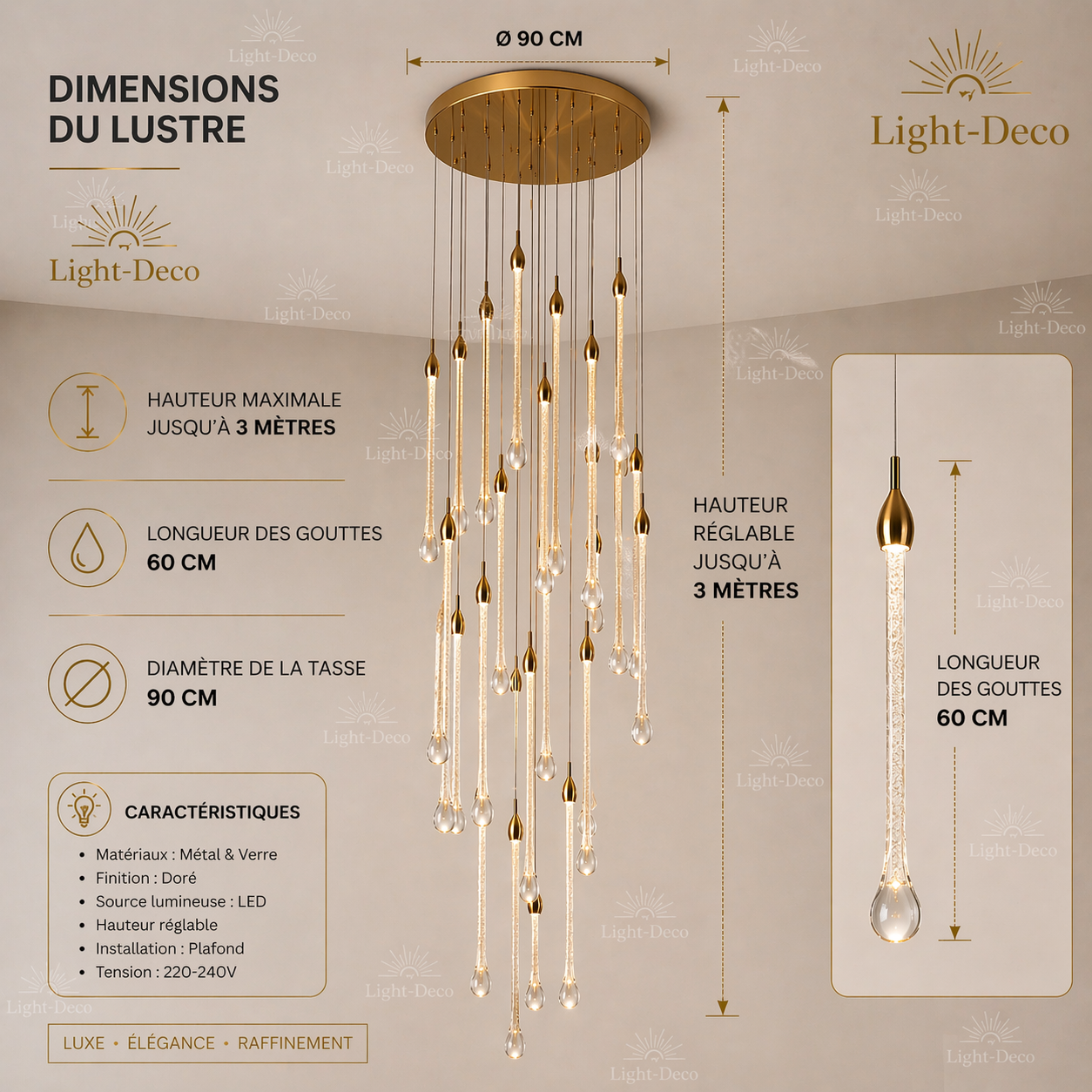 Lustre 19 suspensions goutte d'eau double hauteur en verre cristallin