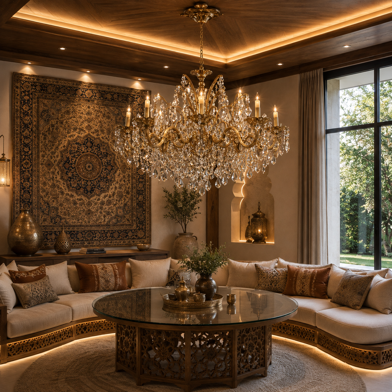 Lustre Monarque en Cuivre et verre cristallin traditionnel pour salon marocain