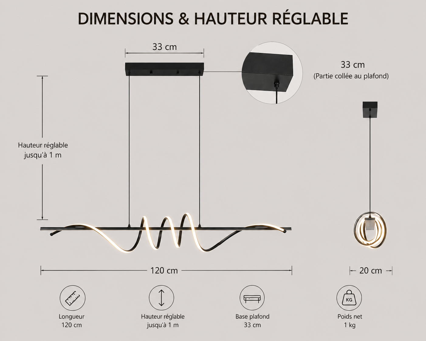 Lustre noir pour salle à manger ou bureau