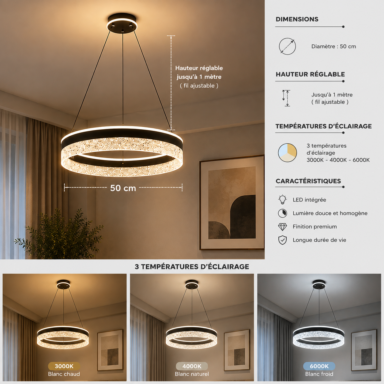 Suspension anneau noire au design chic