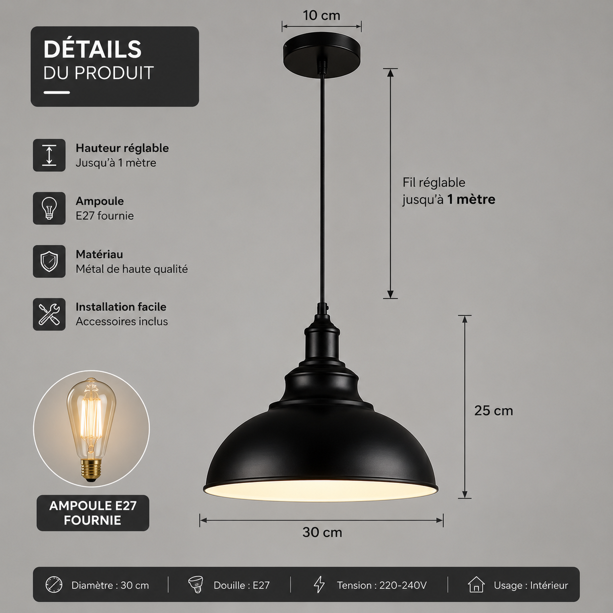 Suspension de cuisine noire simple