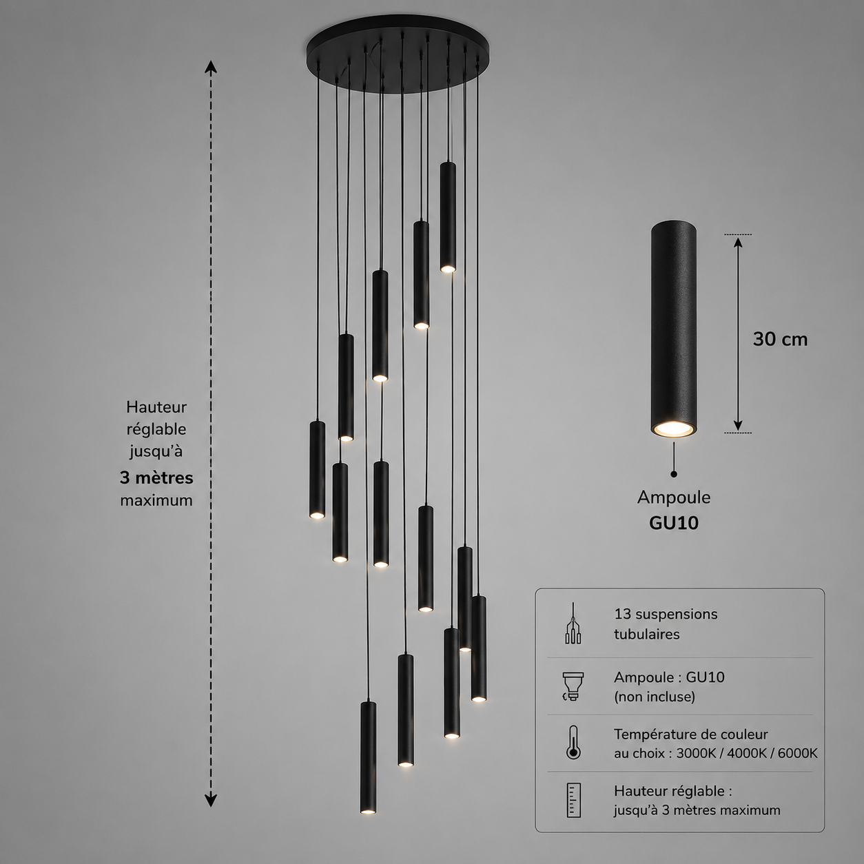 Grand Lustre double hauteur noires tubulaires