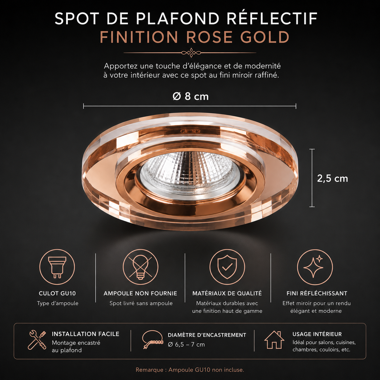 Spot aluminium et verre rose gold GU10