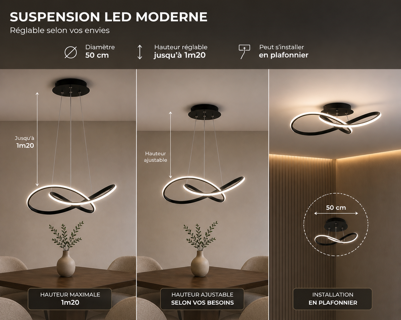 Suspension Infinie en noir à Led