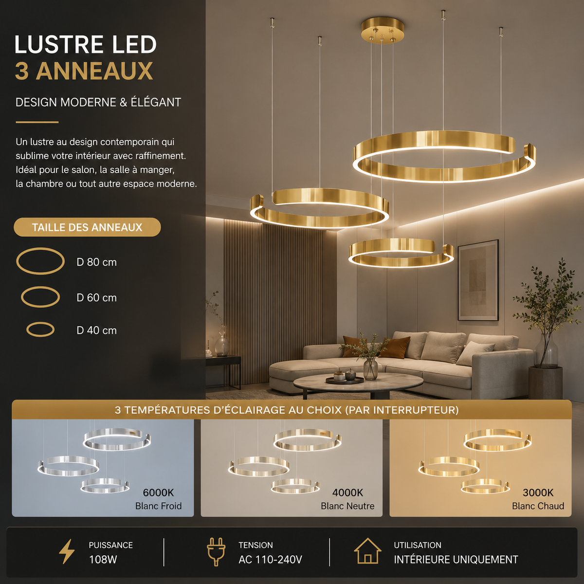 Lustre Laiton à 3 anneaux moderne
