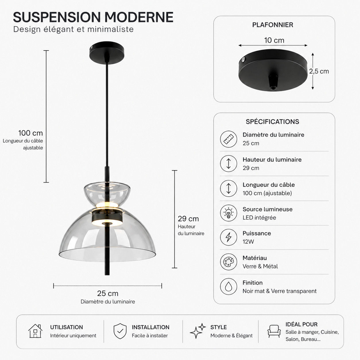 Suspension élégante en verre fumé au design minimaliste