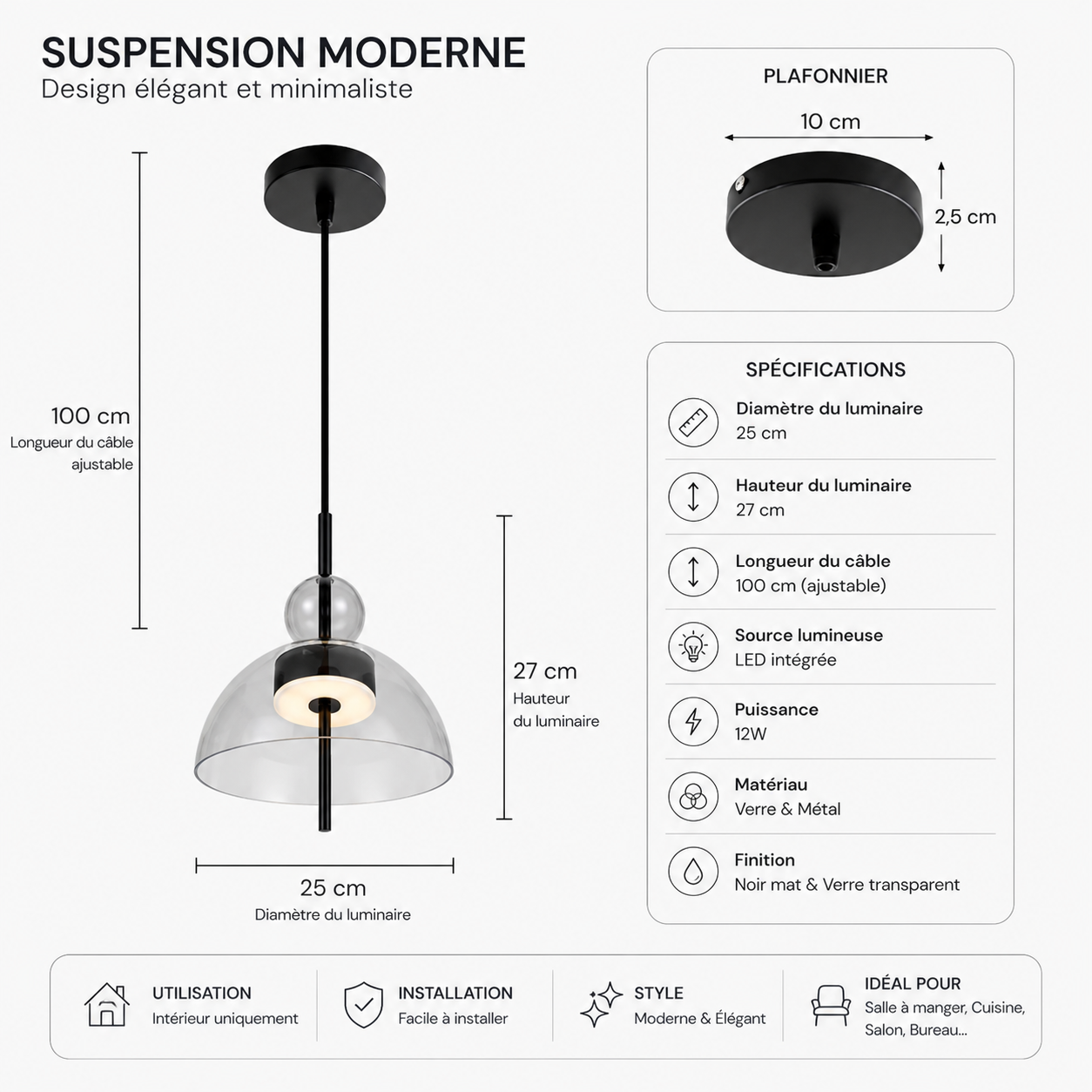 Suspension élégante en verre fumé au design minimaliste