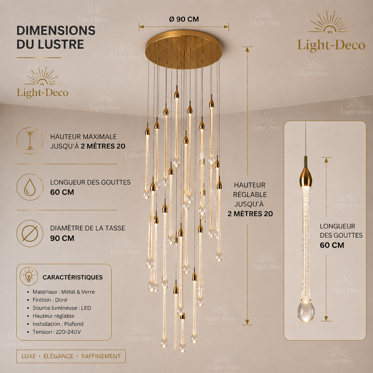 Lustre 19 suspensions goutte d'eau double hauteur en verre cristallin