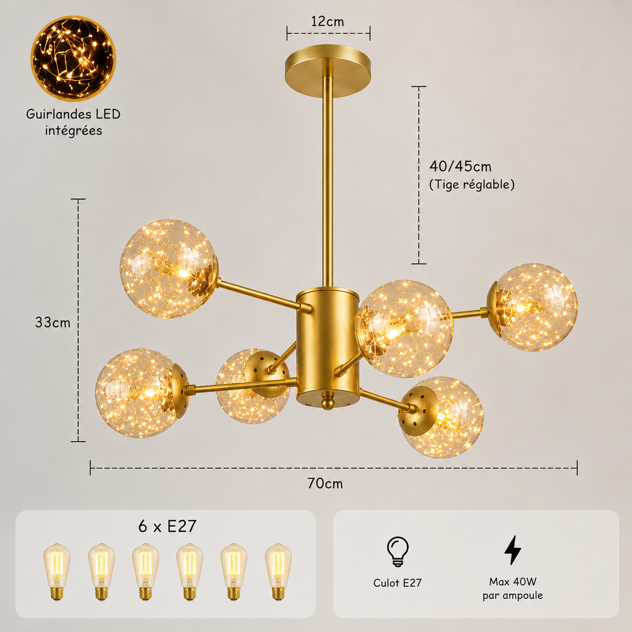 Plafonnier Enji à 6 boules champagnes