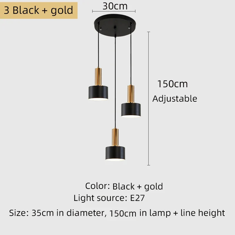 Suspension Tulipe triple en noire et dorée avec support rond